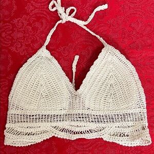 Crochet Bralette Cream Halter Tie Boho Festival Top Triangle Cups